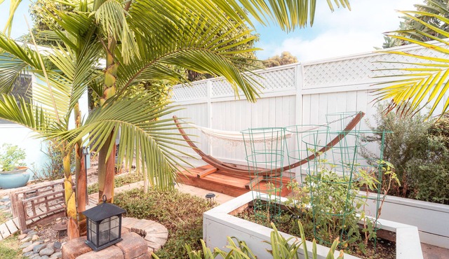 Relax by the fire pit and hammock. Enjoy the King bed en suite.