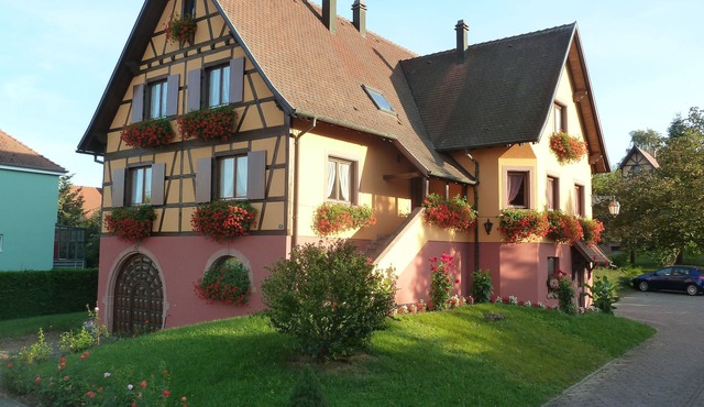 The Gitzelbrunnen. Typical half-timbered house in Epfig